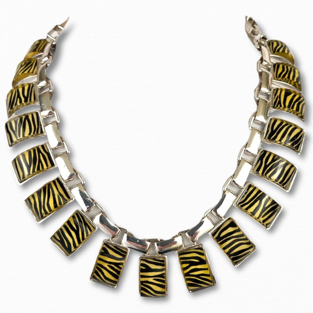 80’s Style Statement Black Stripe Silver tone and Zebra Necklace